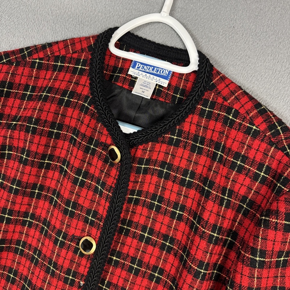 Pendleton Blazer Jacket Womens 16 Red Tartan Plaid Button Pocket 100% Wool VTG